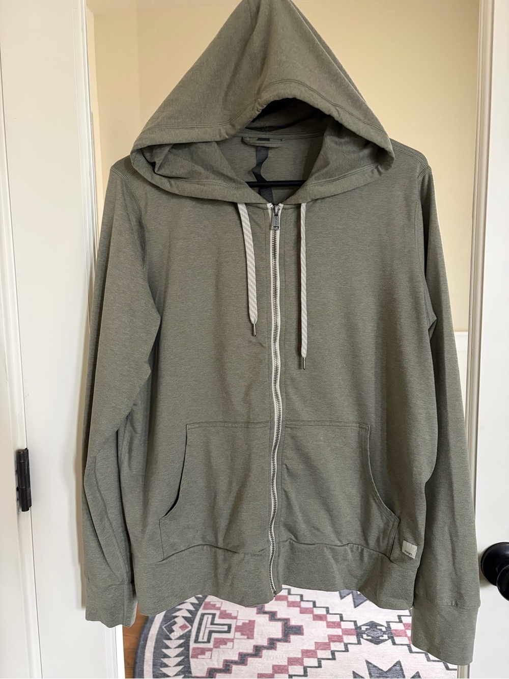 Vuori Olive Zip-Up Hooded Sweater with Contrast Drawstrings